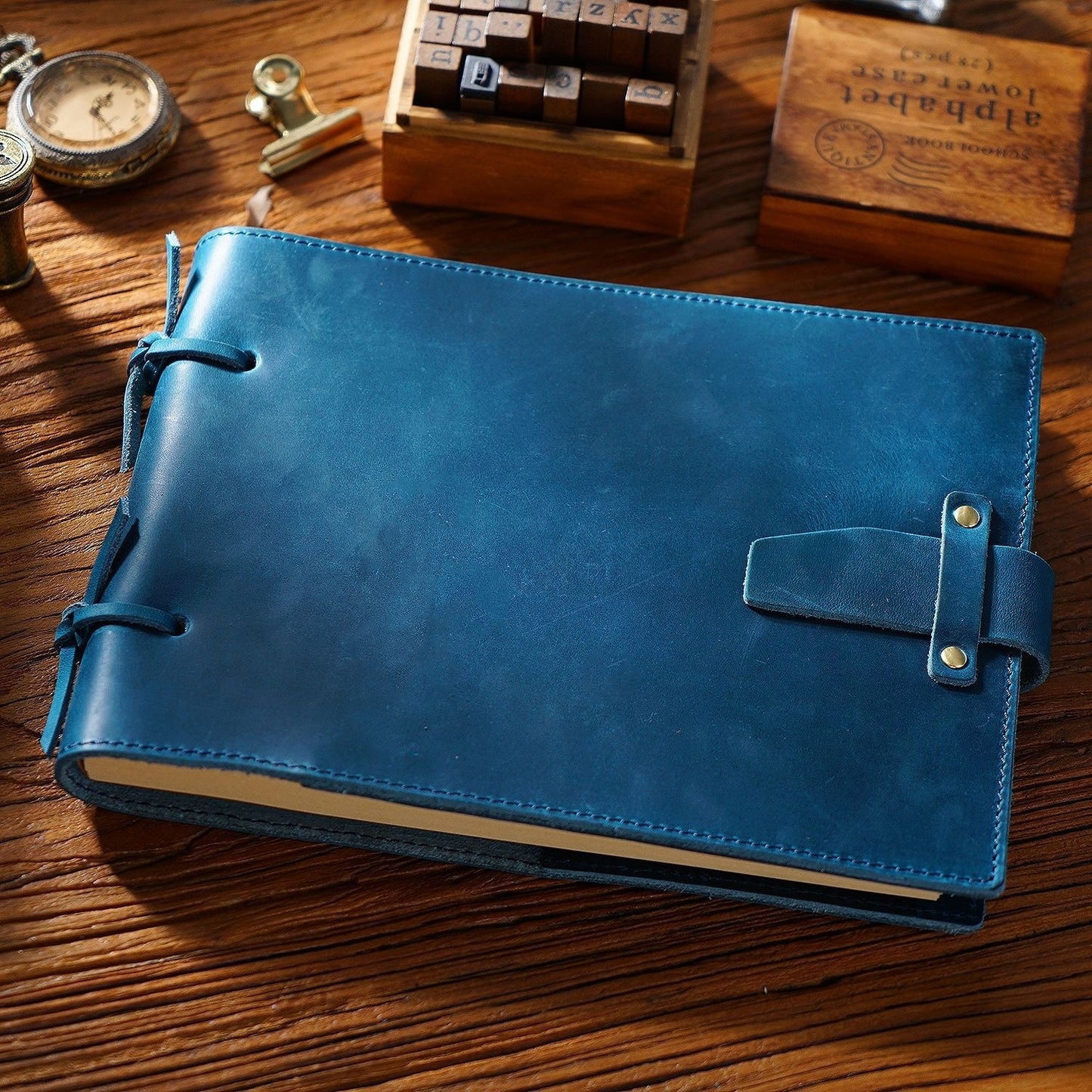 Vintage Handmade Leather Sketchbook - Cerulean Blue