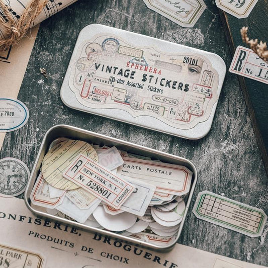 Vintage Decorative Stickers with Metal Box - 100 pcs - The Vintage Stationery Store